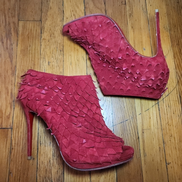 Christian Louboutin Red Suede Diplonana 120 Peep Toe Ankle Boots - Picture 7 of 13
